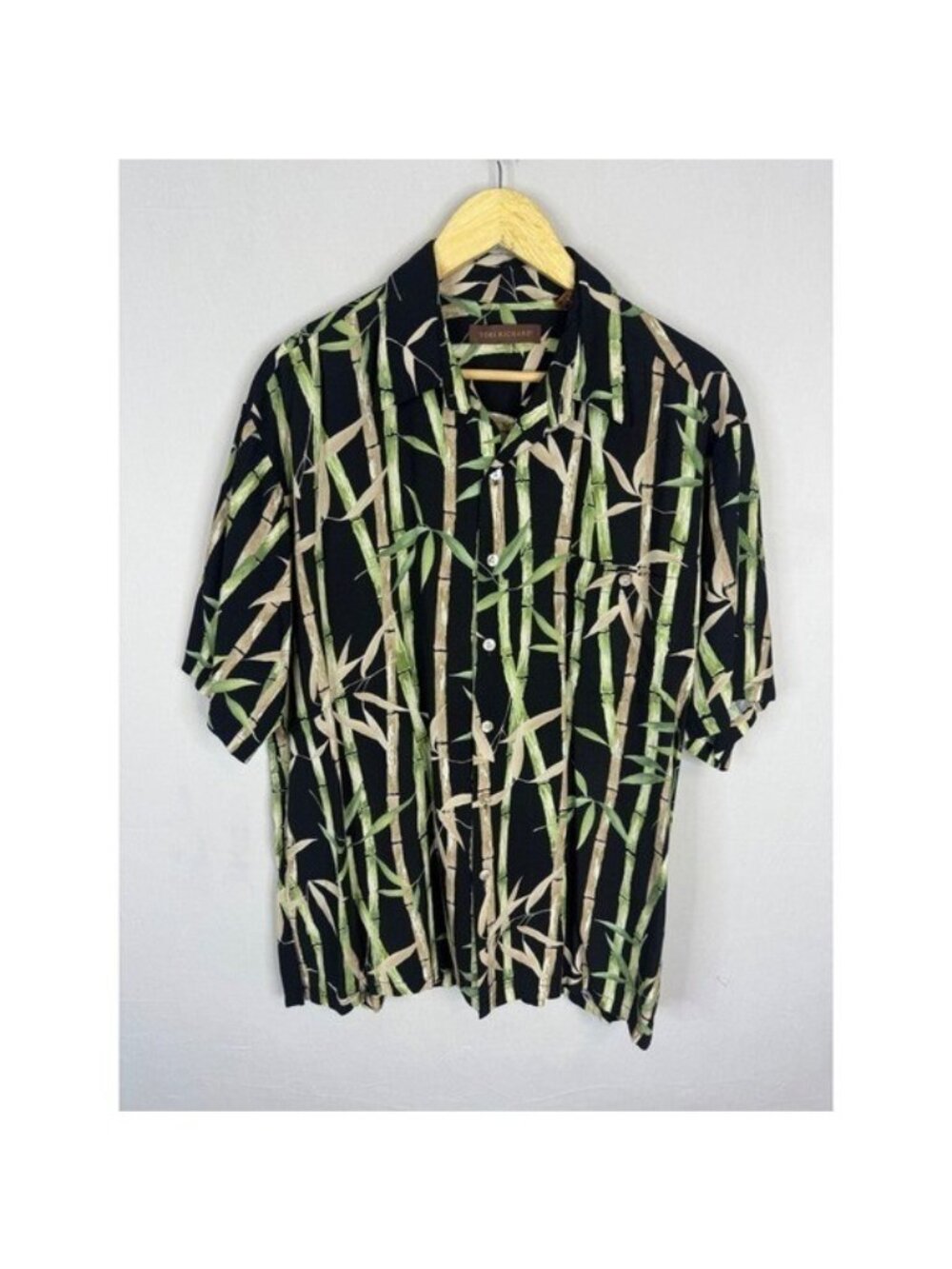 Tori Richard Mens L Hawaiian Shirt Black Bamboo Print Viscose Short Sleeve Camp